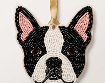 Custom Beaded Dog Christmas Ornament with Name, Personalized Pet Portrait Ornament, Hand Beaded Boston Terrier Keepsake