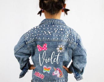 Blue Pearl Jacket With Custom Name, Custom Name Pearl Jean Jacket, Denim Jacket Gifts for Kids Gifts, Personalized Kid's Denim Jacket Gifts