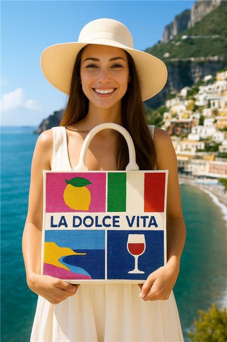 Lemon Tote, La Dolce Vita Bag, Floral Tote, Summer Handbag, Beaded Lemon Tote, Floral Handbag, Italian Bag, Handmade Tote, Tote Gift for Her image 5
