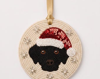 Personalized Beaded Dog Christmas Ornament, Custom Pet Portrait Santa Hat Lab Keepsake with Name and Year, Hand Beaded Holiday Gift