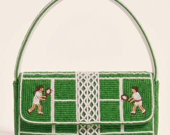 Personalized Beaded Tennis Court Baguette Shoulder Bag, Hand Beaded Tennis Match Purse with Players and Net, Tennis Gift for Her