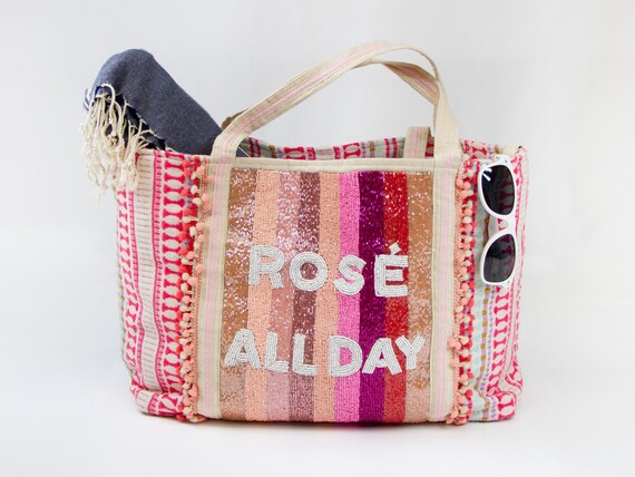 Rose All Day Canvas Tote Bag, Boho Tote Bag, Bachelorette Beaded Tote Bag, Bridal Beaded Tote Bag, Boho Tote Bag Gifts, Wedding Boho Totes