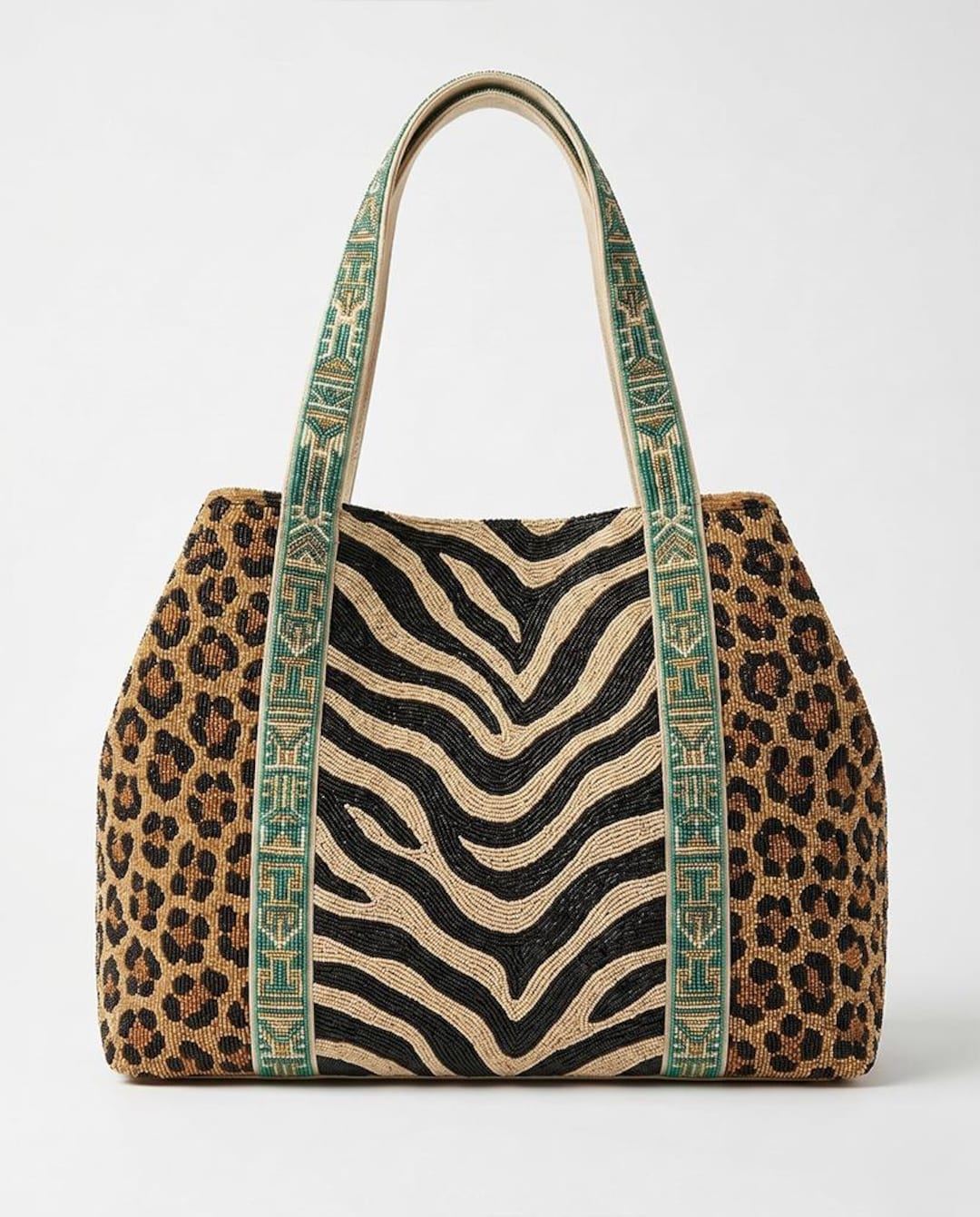 Leopard Zebra Beaded Tote, Safari Animal Print Shoulder Bag, Bold