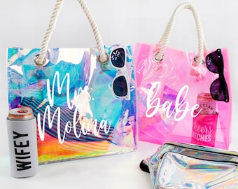 Bolsa tote transparente neon personalizada, presente para despedida de solteira na praia, bolsas tote transparentes, bolsa tote personalizada para pedido de casamento de madrinha