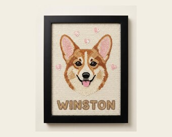 Custom Beaded Corgi Wall Art with Name, Personalized Dog Portrait Framed Seed Bead Pet Memorial, Hand Embroidered Dog Lover Gift