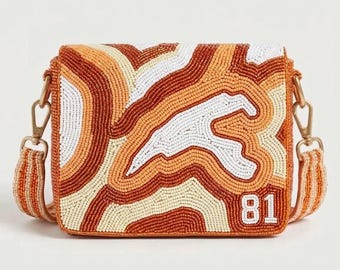 Longhorn Beaded Shoulder Bag, Burnt Orange Game Day Purse, Western Bead Handbag, Cow Skull Crossbody Bag, Football Fan Gift, No 81, Team Bag