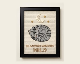 Personalized Cat Memorial Wall Art, Custom Beaded Pet Loss Keepsake, Framed Sleeping Tabby Pet Memorial Gift with Name