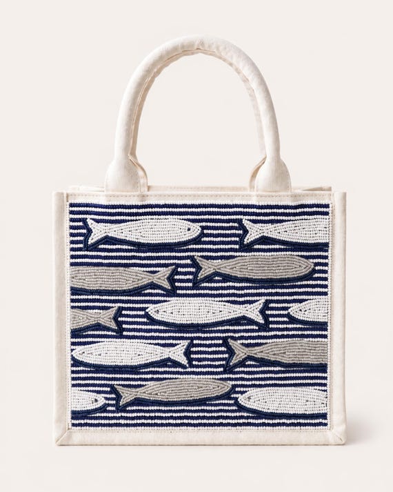 Sardine Tote Bag, Beaded Fish Purse, Blue Stripe Tote, Nautical Beaded Bag, Coastal Mini Purse, Beach Theme Tote, Fish Pattern Mini Handbags