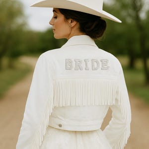 White Fringe BRIDE Patch Jean Jacket, Iron On Bride Patch Denim Jacket, Bride Iron On Denim Letters Bridal Denim Jacket, Bride Jean Jacket