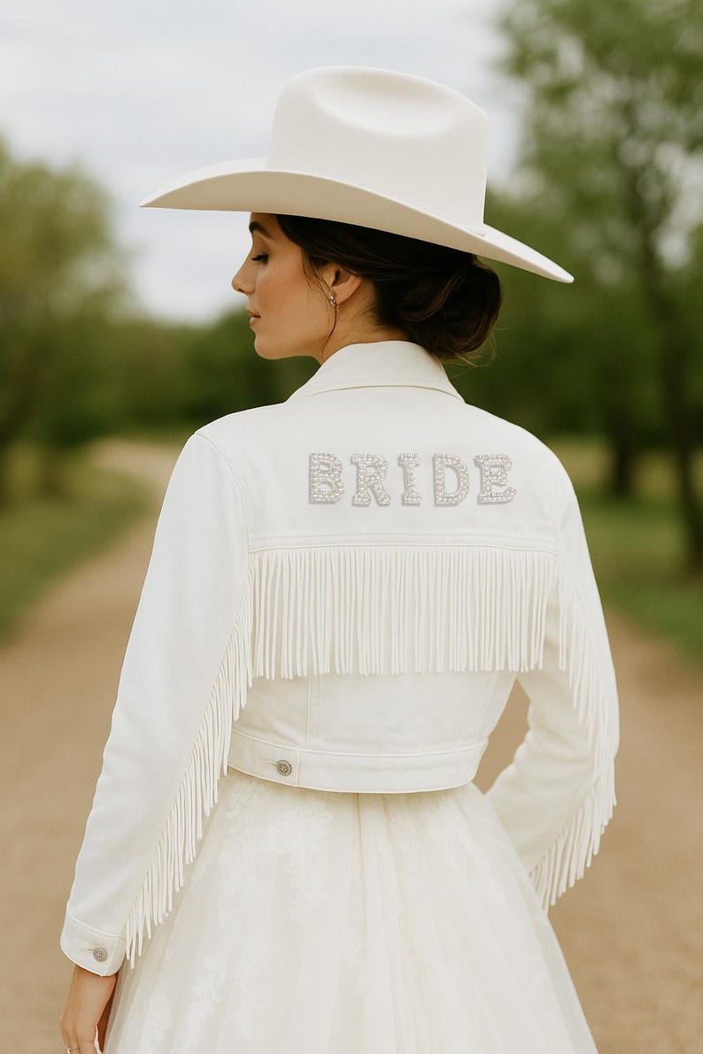 White Fringe BRIDE Patch Jean Jacket, Iron On Bride Patch Denim Jacket, Bride Iron On Denim Letters Bridal Denim Jacket, Bride Jean Jacket image 1