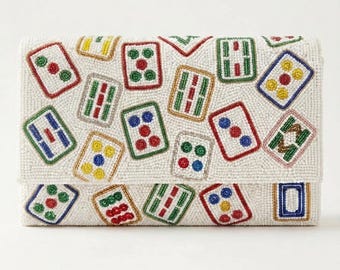 Colorful Mahjong Tile Beaded Clutches, Mahjong Purse, Mahjong Gift for Women, Beaded Evening Bag, Game Night Statement Accessory Gift (HHFC)