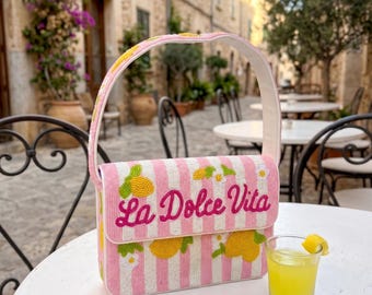Pink Lemon Umhängetasche, Gestreifte Perlen Geldbörse, La Dolce Vita Schultertasche, Lemon Design Handtasche, Sommerschultertasche, Lemon Handgefertigte Taschen