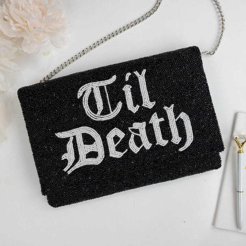 Black Beaded Bridal Clutch, Seed Bead Black Wedding Purse for Elopement or Courthouse Wedding, Black Evening Clutch, Gothic Bride Bag image 3
