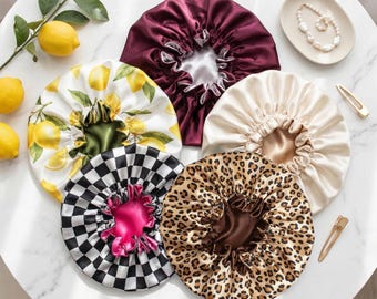 Silky Satin Bonnet for Curly Hair, Double Layer Hair Bonnet Adult Silky Satin Hair Bonnet for Sleep Reversible Satin Bonnet for Natural Hair
