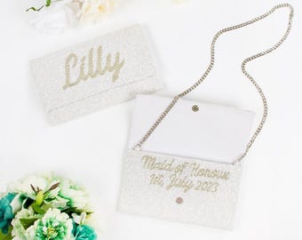 Bachelorette Party Clutch for the Bride, Custom Beaded Purse with Name, Personalized Bridal Party Gift