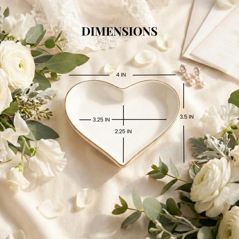 May include: A white heart-shaped ceramic trinket dish with a gold-toned rim. The dish features printed dimension lines indicating a width of 4 inches, a height of 3.5 inches, an inner width of 3.25 inches, and an inner depth of 2.25 inches.