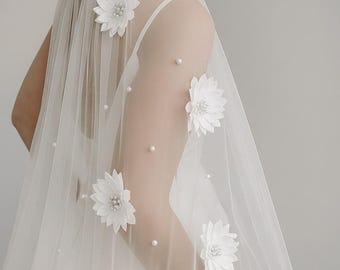 Floral Perle Hochzeit Schleier, Braut Blume Applikation Schleier