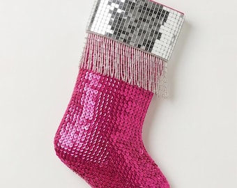 Personalized Beaded Christmas Stocking with Name, Hot Pink Sequin Disco Ball Holiday Stocking with Silver Bugle Bead Fringe