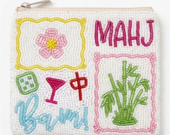 Blue Bam Beaded Coin Purse, Mahjong Gift, Mahjong Zipper Pouch, Beaded Bag for Mahjong Lover, Game Night Accessory, Small Purse, Unique Gift