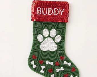 Personalized Pet Christmas Stocking with Name, Hand Beaded Paw Print Holiday Stocking, Custom Dog or Cat Christmas Keepsake