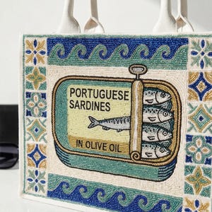 Sardine Beaded Tote, Portuguese Sardine Bag, Tinned Fish Tote, Mediterranean Tote Bag, Coastal Chic Tote, Sardine Market Beaded Canvas Totes image 1