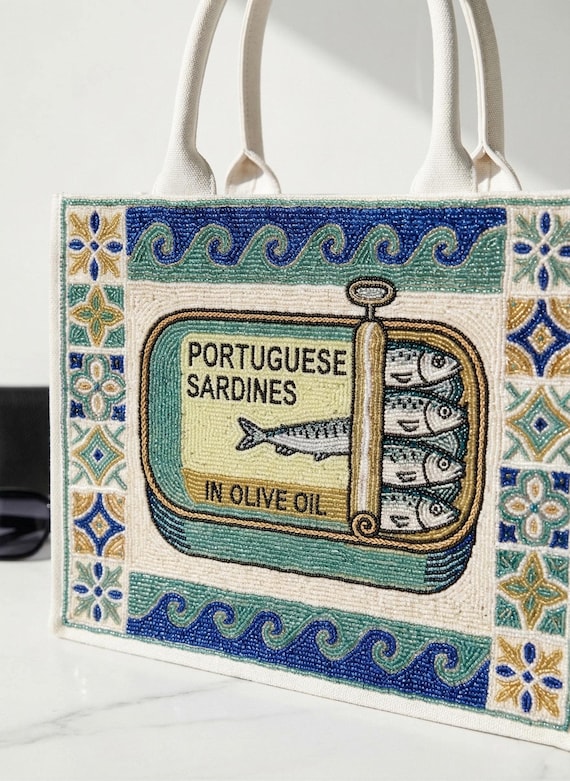 Sardine Beaded Tote, Portuguese Sardine Bag, Tinned Fish Tote, Mediterranean Tote Bag, Coastal Chic Tote, Sardine Market Beaded Canvas Totes