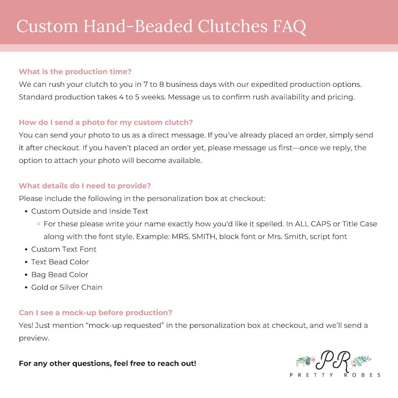 a white paper with the words custom hand - beaded clutches faq
