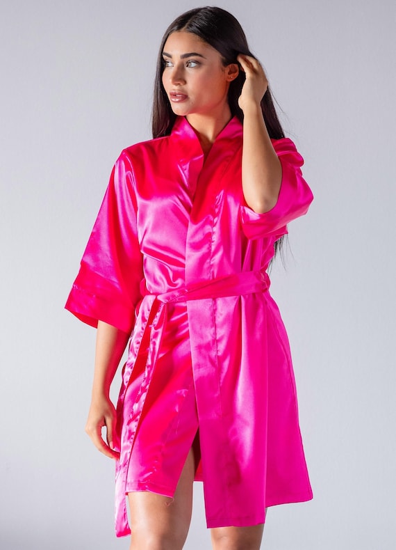 hot pink dress bachelorette Bridesmaid Robe, Satin Party Robe in Hot Pink, Custom Bright Pink Getting Ready Robe, Fuchsia Wedding Robe 90s Francais dress Choose Robe Color in Full-Length A-Line David's Bridal Color:Vellum/Waterlily Multi