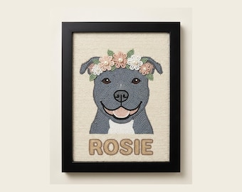 Custom Beaded Pitbull Wall Art with Flower Crown, Personalized Framed Dog Portrait, Beaded Pet Memorial Gift, Hand Beaded Pit Bull Decor