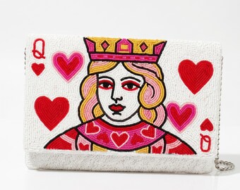 Torebka Queen of Hearts, koralikowa kopertówka koktajlowa, torebka Queen Card, koralikowa torebka Heart Queen, kolorowa torebka Queen, kopertówki Retro Queen (HHFC)