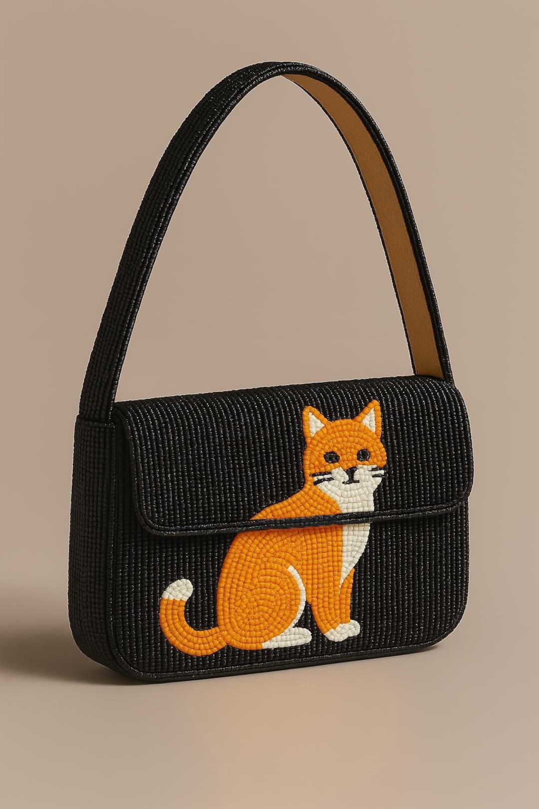 ビーズ付きショルダーバッグ、猫デザインバッグ、手作りの猫柄財布、猫