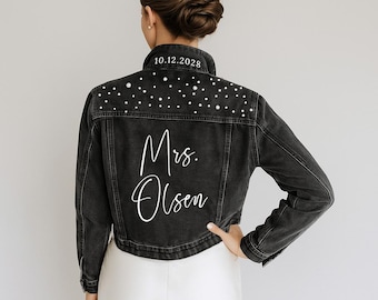 Giacca di jeans Black Pearl Mrs. Cognome, Giacca di jeans personalizzata Mrs. Cognome, Giacca da sposa, Giacca di jeans per addio al nubilato, Giacca da matrimonio
