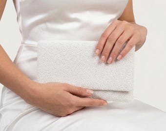 Bride Purse, White Bridal Clutch, White Bride Hand Beaded Purse, White Bridal Purse, White Wedding Purse, Party Clutch Bag, White Clutch Bag