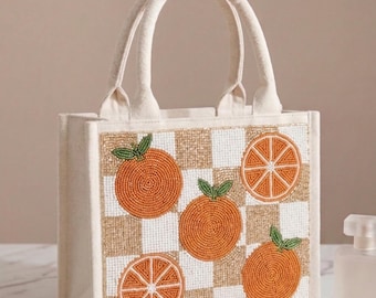 Pomarańczowa torba, cytrusowa torebka, pomarańczowa torba z koralikami, torba z motywem owoców, letnia pomarańczowa torba, koralikowa torebka z owocami, pomarańczowa torba z nadrukiem