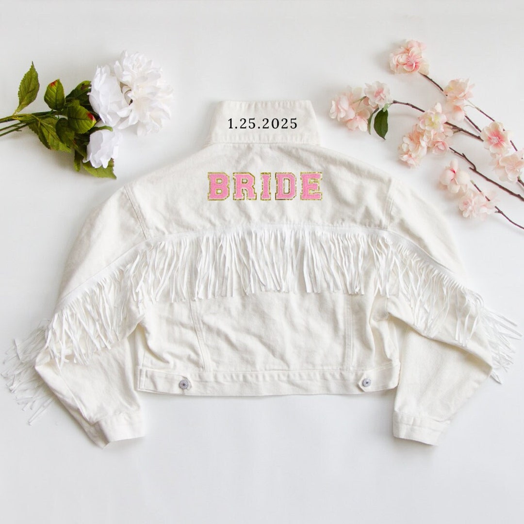 White Fringe Denim Jacket Personalized Letter Patch Bride - Etsy