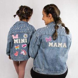 Blue Pearl Mom & Mini Denim Jackets, Custom Patch Mama and Daughter Matching Denim Jackets, Personalized Bride Patches Jean Jackets