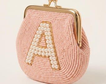 Personalized Beaded Coin Purse with Pearl Initial, Custom Blush Pink Monogram Pouch, Vintage Style Kiss Lock Bridal Keepsake Wallet