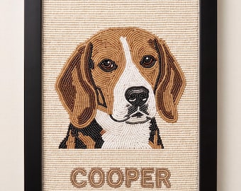 Personalized Beaded Dog Portrait Framed Wall Art, Custom Beagle Pet Memorial Gift, Hand Beaded Hound Art with Name