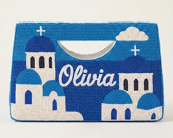 Santorini Perlen Taschen, griechische Insel Handtasche, Kundenspezifische Reise-Kupplung, personalisierte blaue Tasche, Mittelmeer Perlen Taschen, Strandferien Geldbörsen