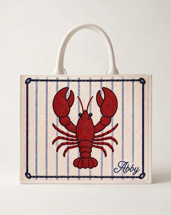 Lobster Beaded Tote Bag, Coastal Tote Bags, Personalized Lobster Bag, Nautical Tote Purse, Lobster Purse, Beach Tote Bags, New England Totes