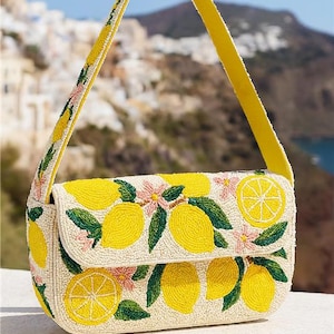 Bolso de hombro con cuentas de limón, bolso con diseño de limón, bolso con cuentas de cítricos, bolso de verano tropical, bolso de limón hecho a mano, clutch artesanal de lujo, bolso de cítricos