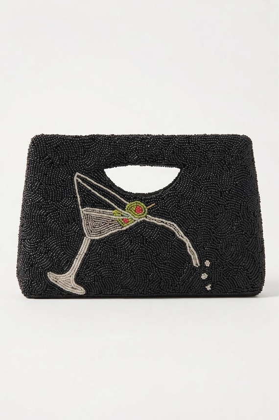 Spilling Martini Clutch, Cocktail Purse, Beaded Handbag, Handmade Clutch, Party Bag, Unique Handbag, Black Evening Bags, Martini Accessories