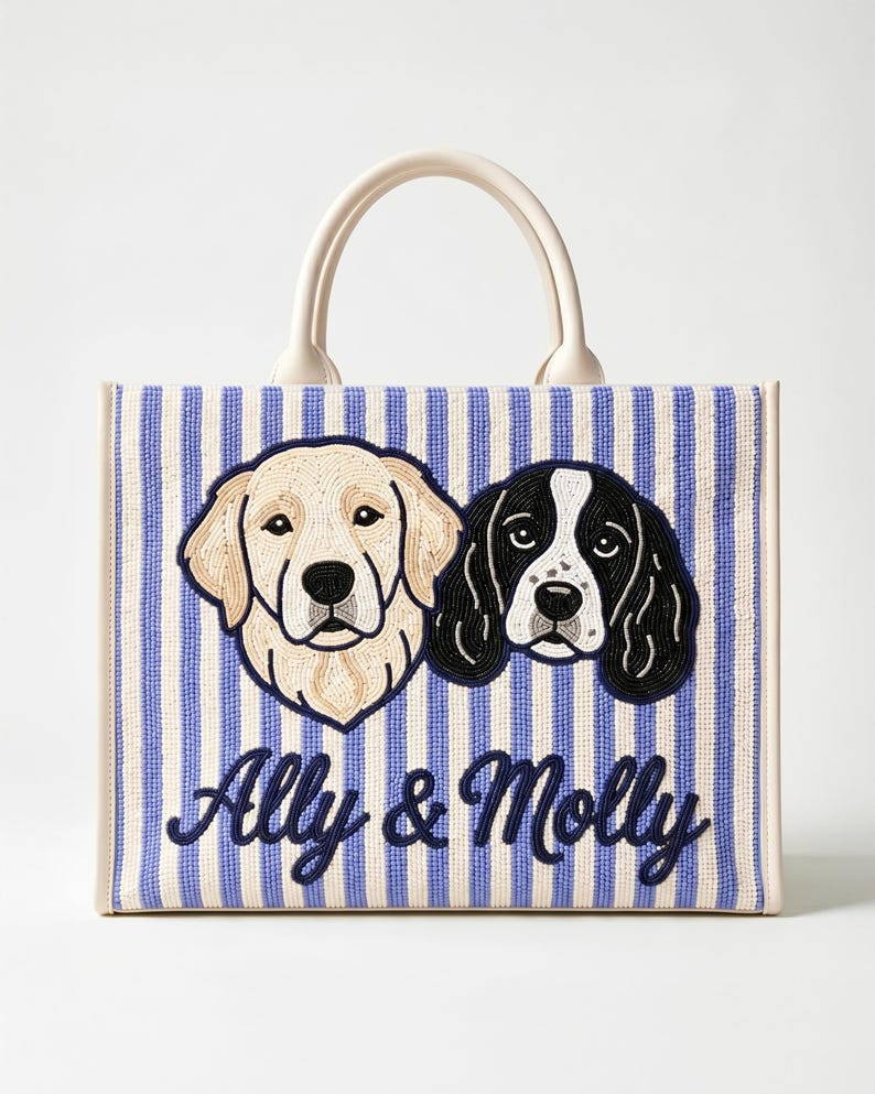 Borsa tote personalizzata con perline per animali domestici, borse tote personalizzate per cani, borse tote personalizzate per gatti con perline, borse tote con ritratti di animali domestici, borsa per animali domestici realizzata a mano con perline, borsa tote personalizzata per mamme di cani immagine 5