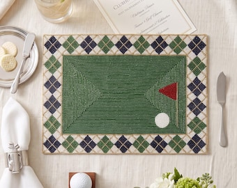 Personalized Golf Beaded Placemat, Fairway Argyle Table Mat with Golf Ball and Flag, Country Club Dining Decor, Custom Golfer Gift