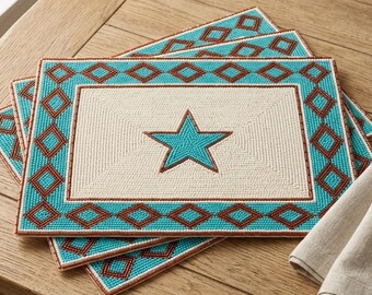 Western Star Beaded Placemat, Southwest Hand Beaded Place Mat, Personalized Turquoise Rust Dinner Mat, Western Dining Table Decor