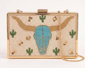 Custom Beaded Longhorn Clutch Purse, Western Bridal Turquoise Beaded Bag with Monogram, Texas Game Day Handbag, Rodeo Evening Bag