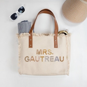 Tote for Bride, Bridesmaid Tote, Gift for Bride, Honeymoon Bag, Honeymoon Tote with Last Name, Customized Bride Fringe Bag, Bridal Tote Bags