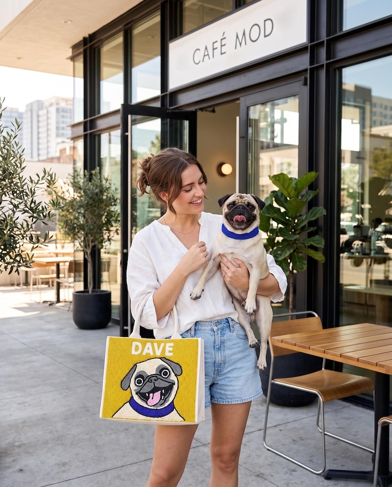 Borsa tote personalizzata con perline per animali domestici, borse tote personalizzate per cani, borse tote personalizzate per gatti con perline, borse tote con ritratti di animali domestici, borsa per animali domestici realizzata a mano con perline, borsa tote personalizzata per mamme di cani immagine 3