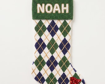 Personalized Beaded Christmas Stocking with Name, Argyle Golf Stocking, Custom Hand Beaded Holiday Stocking for Golfer, Forest Green