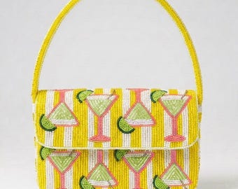 Yellow Martini Beaded Shoulder Bag, Handmade Cocktail Purse, Summer Vacation Handbag, Lime Drink Bag, Party Gift For Her, Unique Fashion Bag